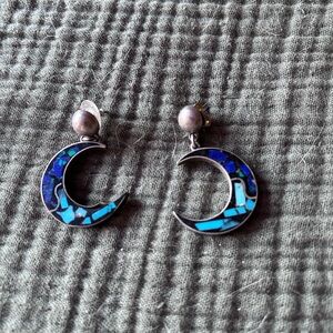 Taxco vintage sterling lapis lazuli blue Crescent Moon Earrings